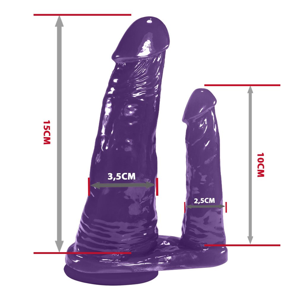 Pênis Duplo para 2 Penetrações com Vibrador e Ventosa 15x3,5cm e 10x2,5cm Roxo | Foto 06