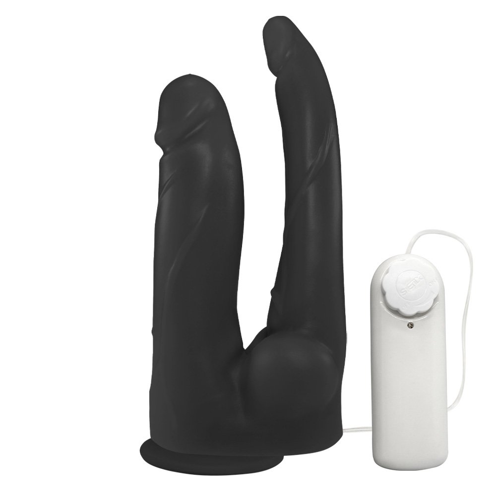 Pênis Duplo com Veias, Vibrador e Ventosa 12 x 3,5 cm e 13,7 x 2,5cm Preto | Foto 01