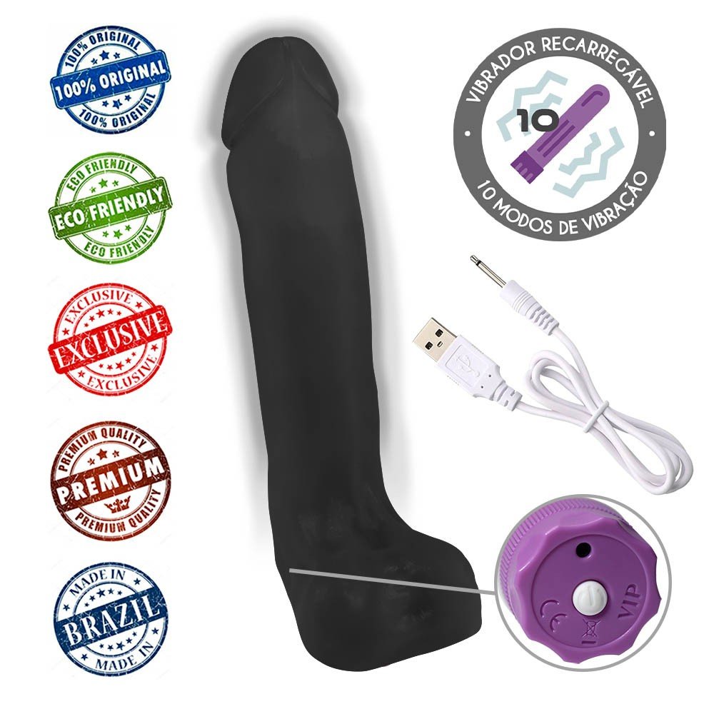 Pênis Gigante e Grosso com Escroto e Vibrador Recarregável Benga 28 x 6,5cm Preto | Foto 05