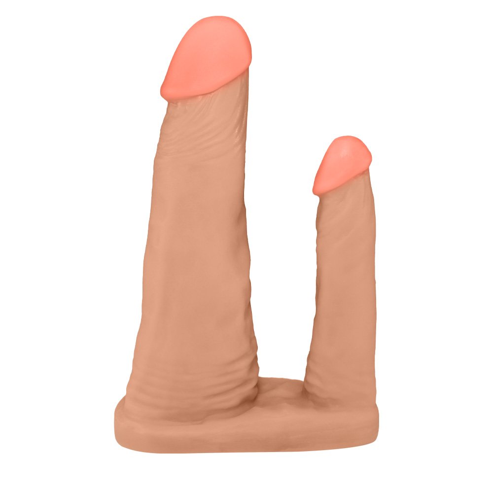 Pênis Duplo para 2 Penetrações em PVC Flexível Atóxico 15x3,5cm e 10x2,5cm Bege | Foto 01