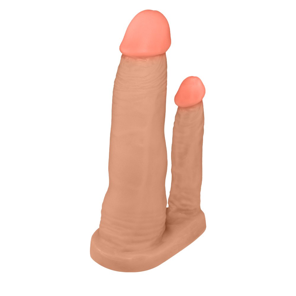 Pênis Duplo para 2 Penetrações em PVC Flexível Atóxico 15x3,5cm e 10x2,5cm Bege | Foto 02