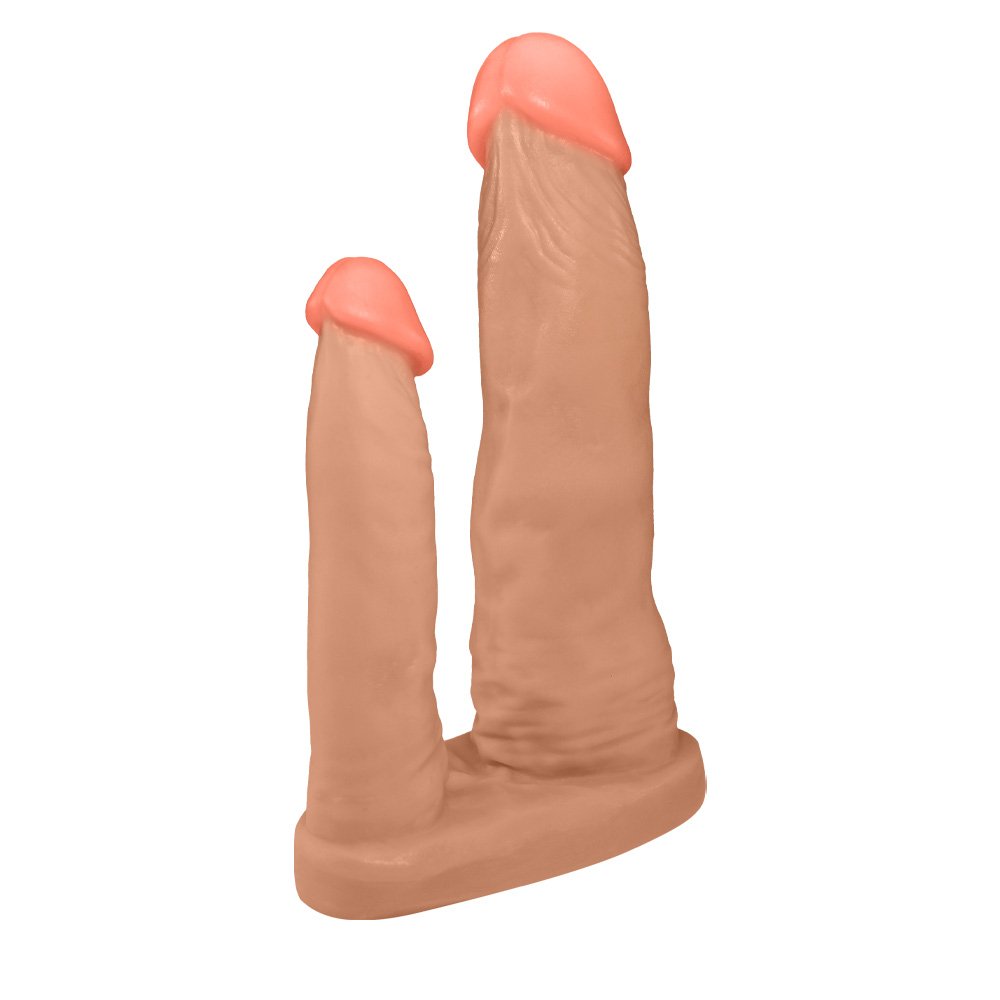 Pênis Duplo para 2 Penetrações em PVC Flexível Atóxico 15x3,5cm e 10x2,5cm Bege | Foto 03