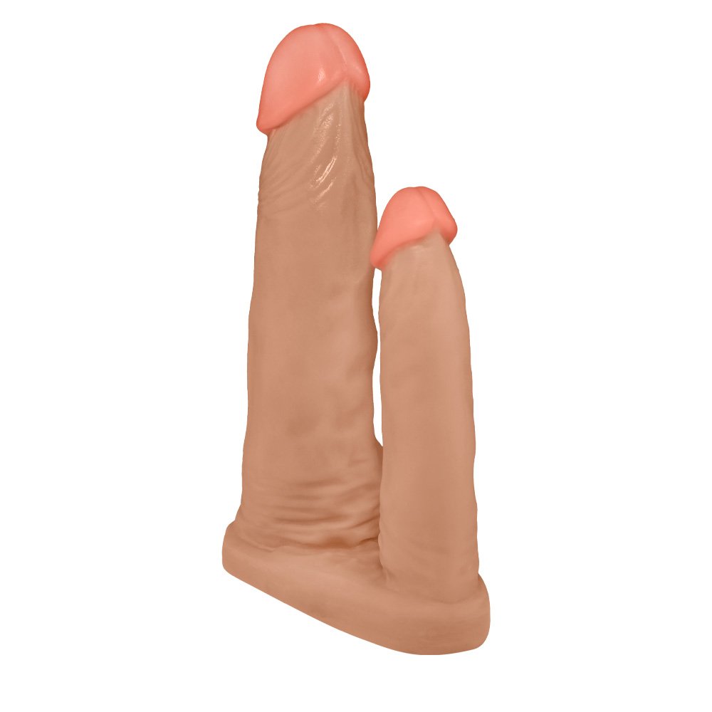 Pênis Duplo para 2 Penetrações em PVC Flexível Atóxico 15x3,5cm e 10x2,5cm Bege | Foto 04