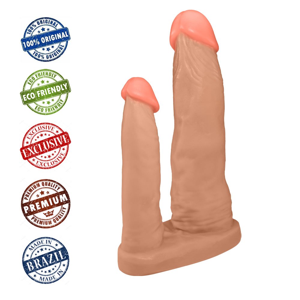 Pênis Duplo para 2 Penetrações em PVC Flexível Atóxico 15x3,5cm e 10x2,5cm Bege | Foto 05