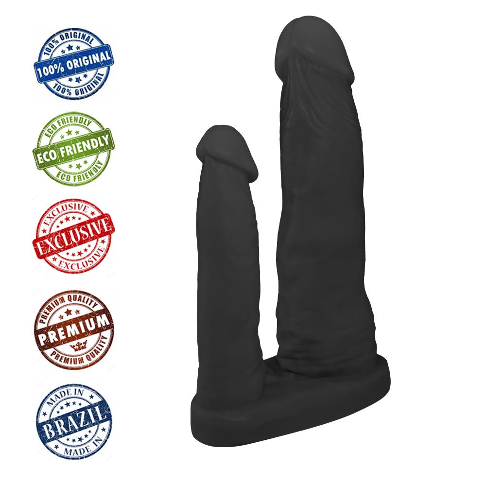 Pênis Duplo para 2 Penetrações em PVC Flexível Atóxico 15x3,5cm e 10x2,5cm Preto | Foto 05