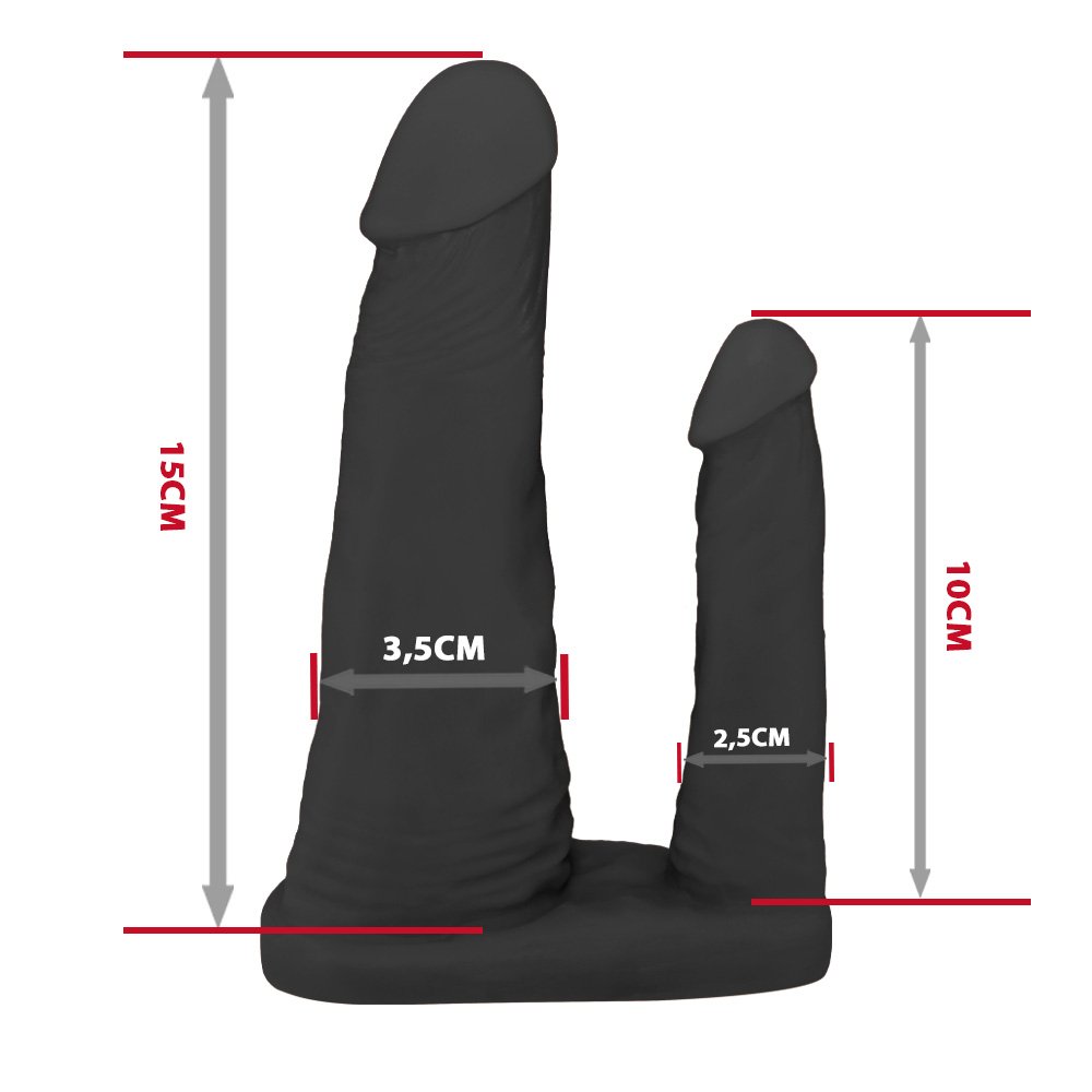 Pênis Duplo para 2 Penetrações em PVC Flexível Atóxico 15x3,5cm e 10x2,5cm Preto | Foto 06