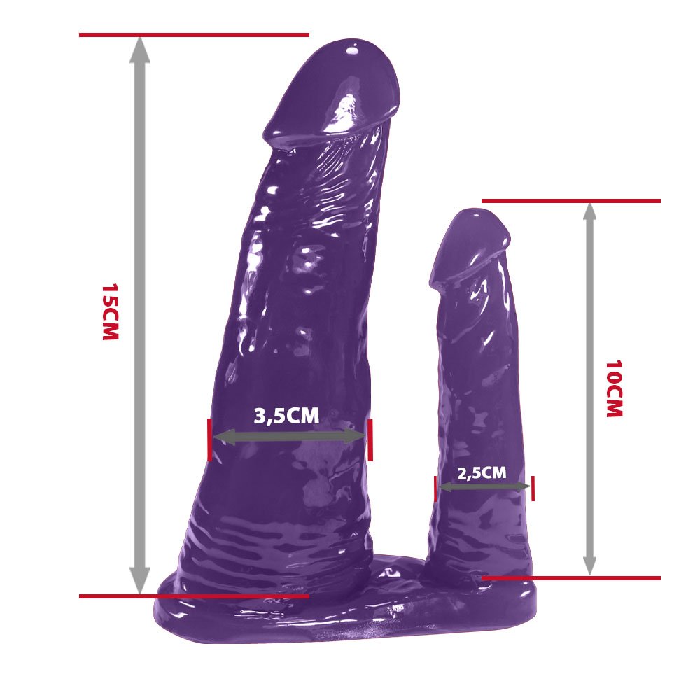 Pênis Duplo para 2 Penetrações em PVC Flexível Atóxico 15x3,5cm e 10x2,5cm Roxo | Foto 06