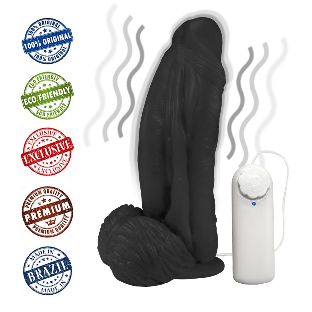 Pênis Large em PVC Flexível Atóxico com Escroto, Vibrador e Ventosa 21 x 6,5cm Preto | Foto 05