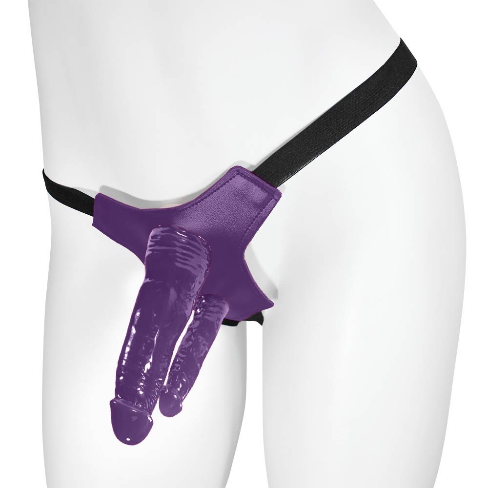 Cinta Peniana Ajustável com Pênis Realístico Duplo com Veias 15 x 3,5 cm e 10 x 2,5cm Roxo | Foto 01