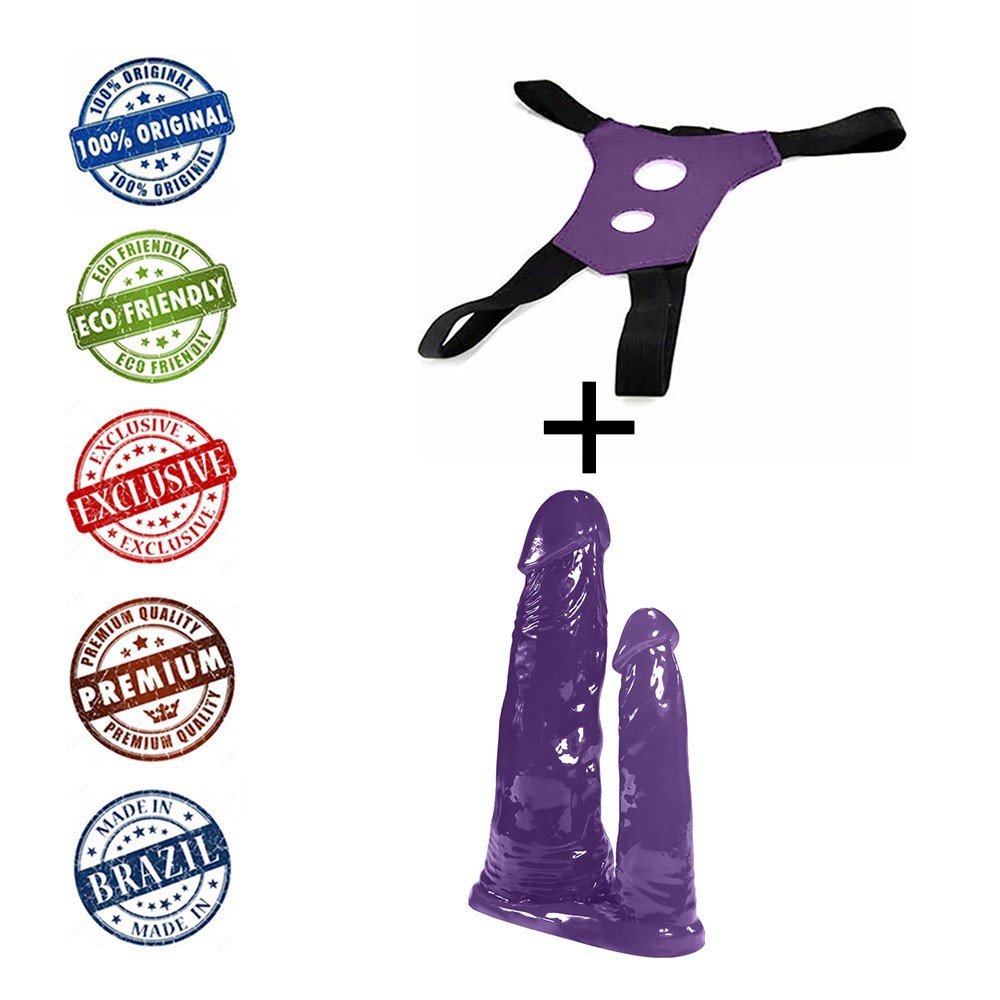 Cinta Peniana Ajustável com Pênis Realístico Duplo com Veias 15 x 3,5 cm e 10 x 2,5cm Roxo | Foto 05