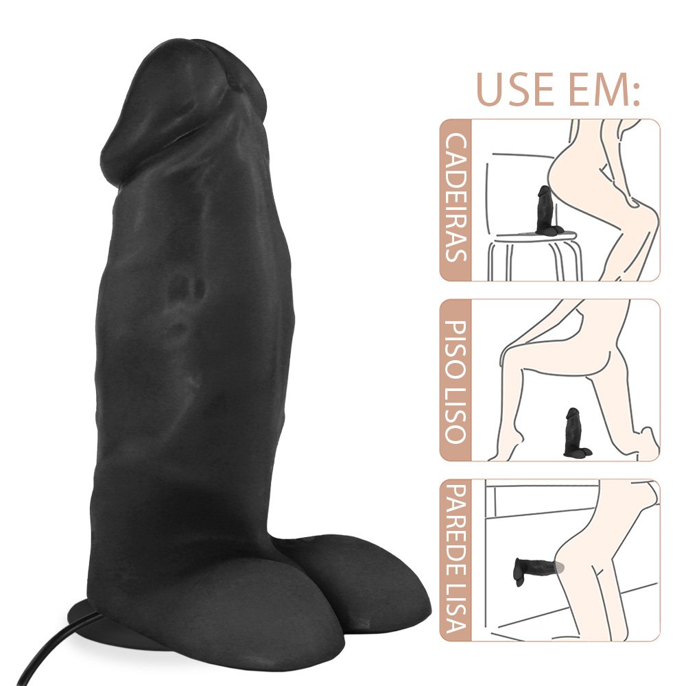 Pênis Realístico Flexível com Escroto, Ventosa e Vibrador Peroba 19 x 6,8cm Preto | Foto 04