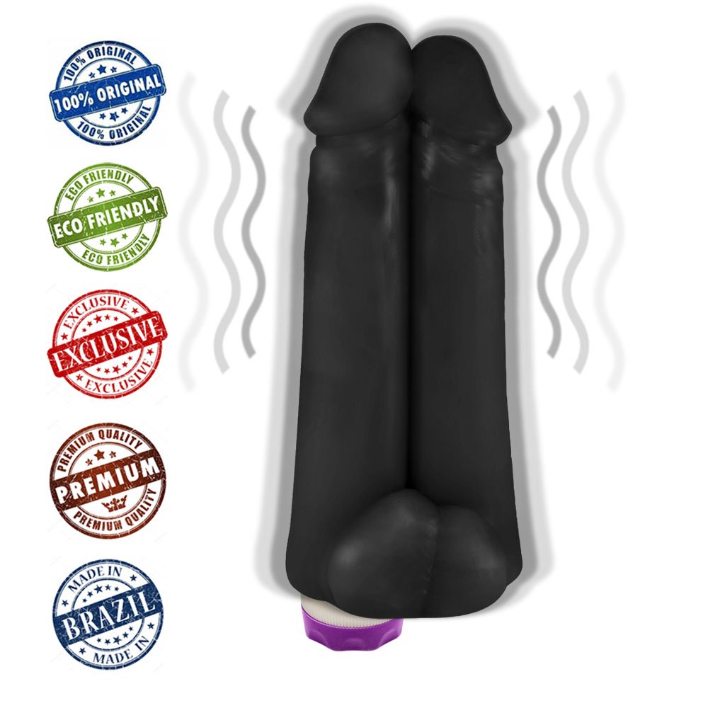 Pênis Realístico em PVC Flexível Duplo Amigos com Vibrador 18 x 6cm Preto | Foto 05