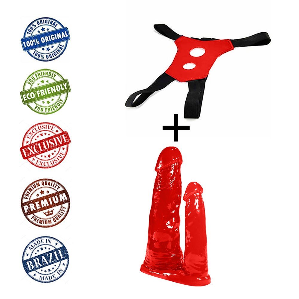 Cinta Peniana Ajustável com Pênis Realístico Duplo 12 x 3,5cm e 13,7 x 2,5cm Vermelho | Foto 05