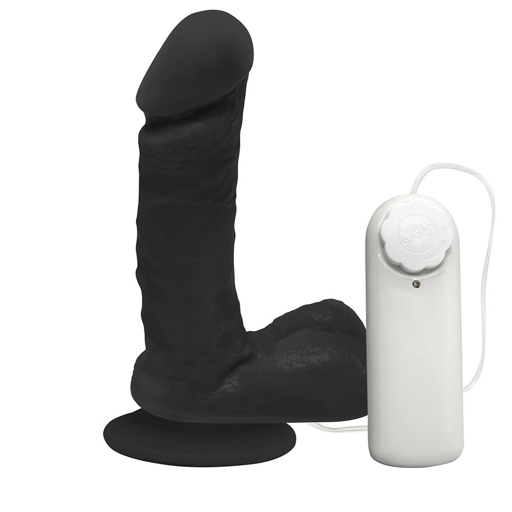 Pênis de Borracha Ares com Escroto, Vibrador e Ventosa 15 x 4cm Preto | Foto 01