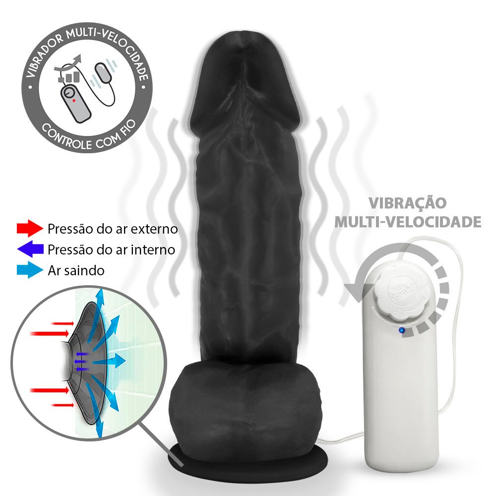 Pênis de Borracha Crono com Escroto, Vibrador e Ventosa 20 x 5cm Preto | Foto 02