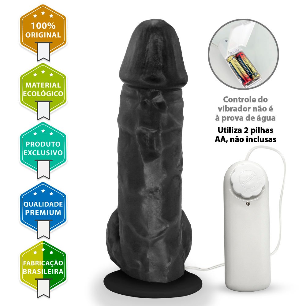 Pênis de Borracha Crono com Escroto, Vibrador e Ventosa 20 x 5cm Preto | Foto 03