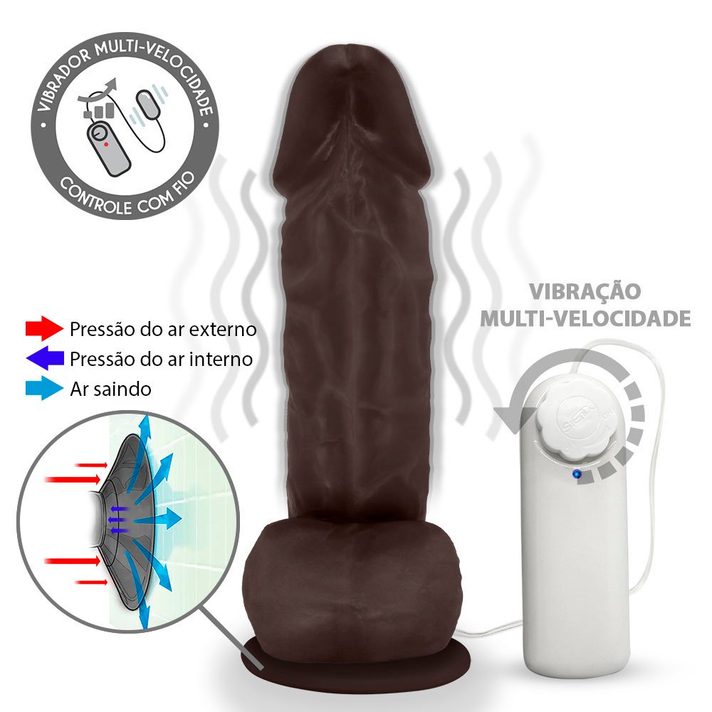 Pênis de Borracha Crono com Escroto, Vibrador e Ventosa 20 x 5cm Marrom | Foto 02