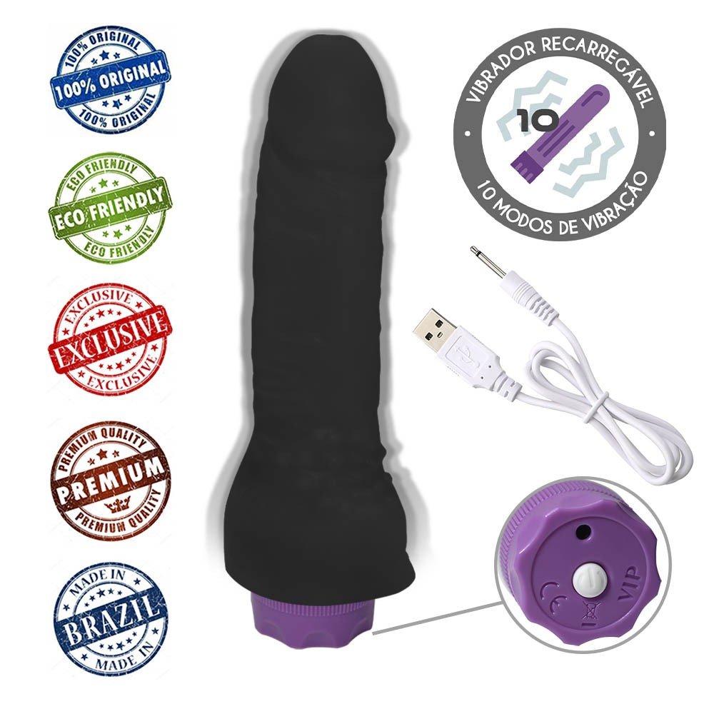 Pênis com Escroto e Vibrador 10 Velocidades Recarregável Massageador 16 x 3,5cm Preto | Foto 05
