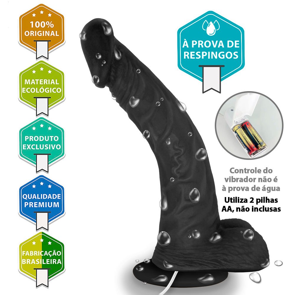 Pênis de Borracha Poseidon com Escroto Vibrador e Ventosa 20 x 4cm Preto | Foto 05