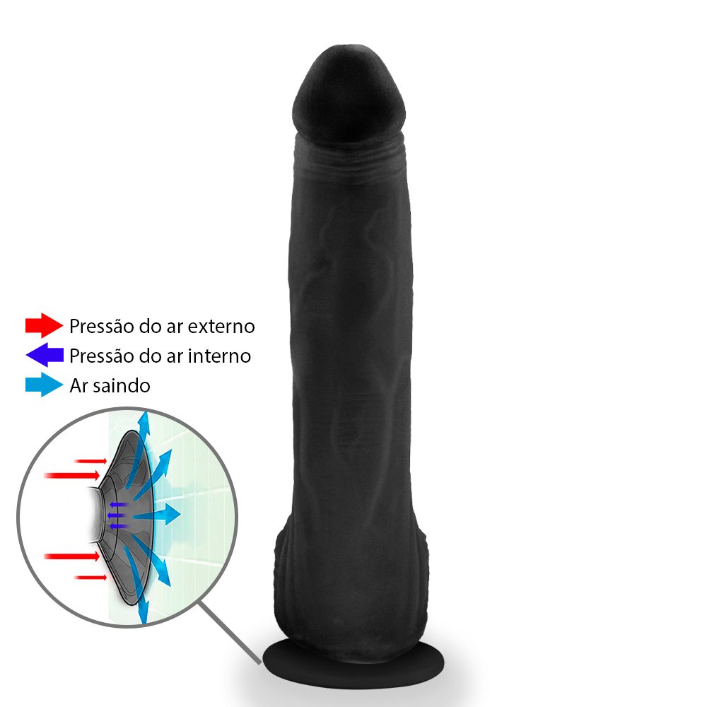 Pênis Realístico com Escroto e Ventosa Bitelo - Dildo em PVC Flexível 29x6cm Preto | Foto 02