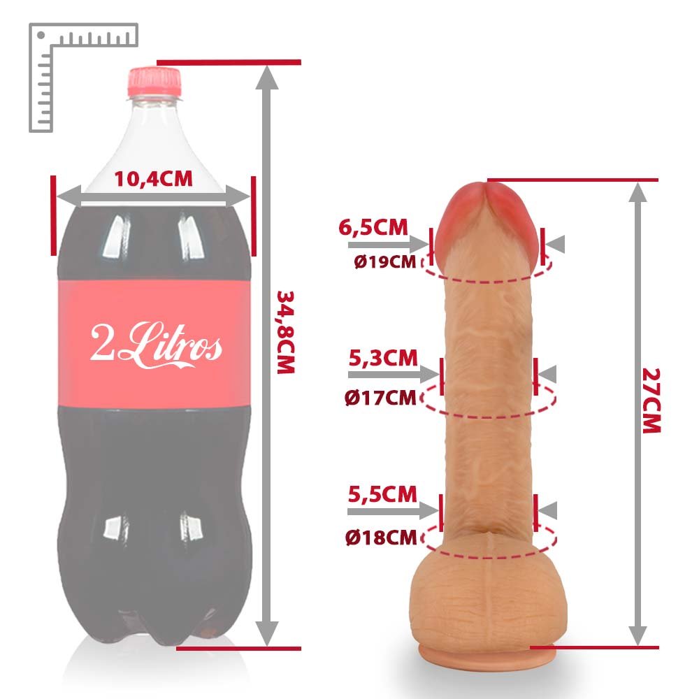 Pênis Realístico com Escroto e Ventosa Sucuri - Dildo em PVC Flexível 27x6,5cm Bege | Foto 07