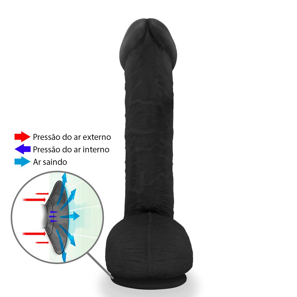 Pênis Realístico com Escroto e Ventosa Sucuri - Dildo em PVC Flexível 27x6,5cm Preto | Foto 02