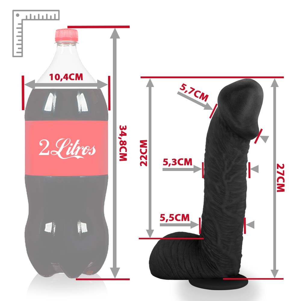 Pênis Realístico com Escroto e Ventosa Sucuri - Dildo em PVC Flexível 27x6,5cm Preto | Foto 06