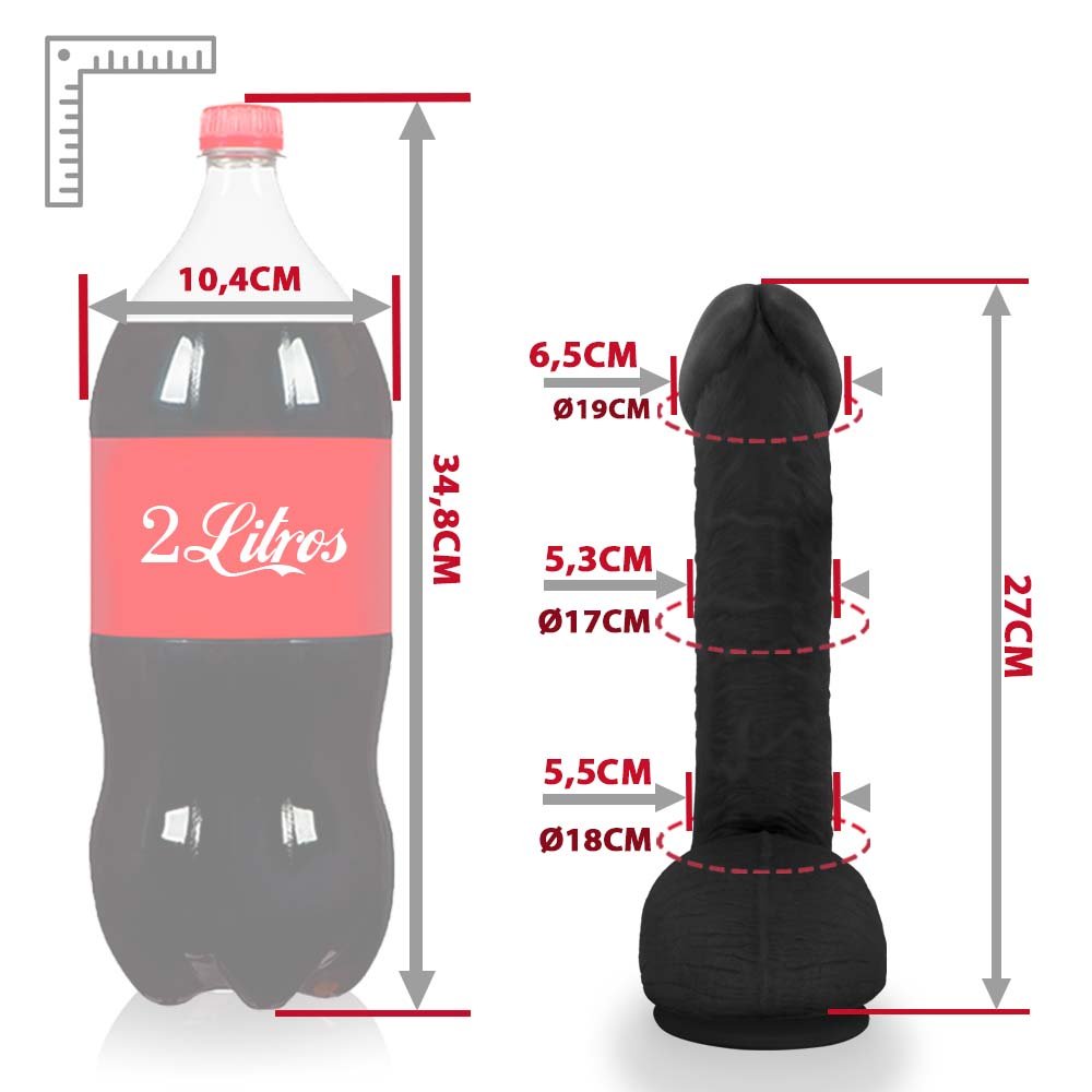 Pênis Realístico com Escroto e Ventosa Sucuri - Dildo em PVC Flexível 27x6,5cm Preto | Foto 07