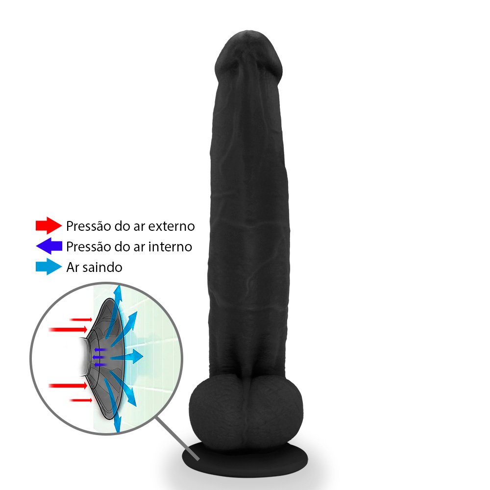 Pênis Realístico com Escroto e Ventosa Jiboia - Dildo em PVC Flexível 31x6cm Preto | Foto 02