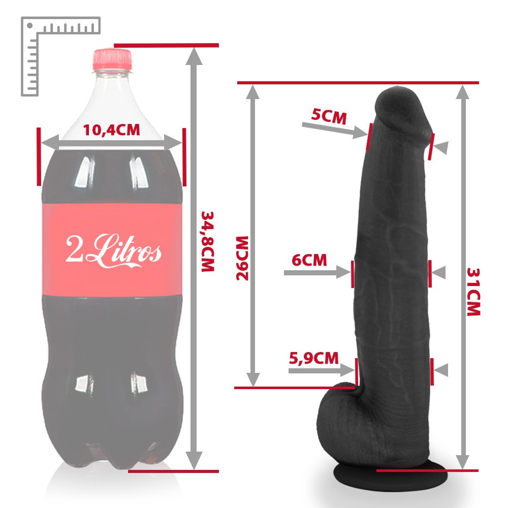 Pênis Realístico com Escroto e Ventosa Jiboia - Dildo em PVC Flexível 31x6cm Preto | Foto 06