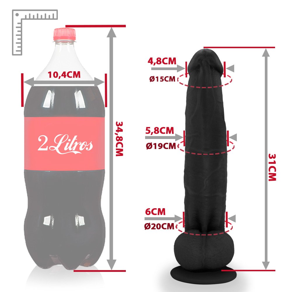 Pênis Realístico com Escroto e Ventosa Jiboia - Dildo em PVC Flexível 31x6cm Preto | Foto 07