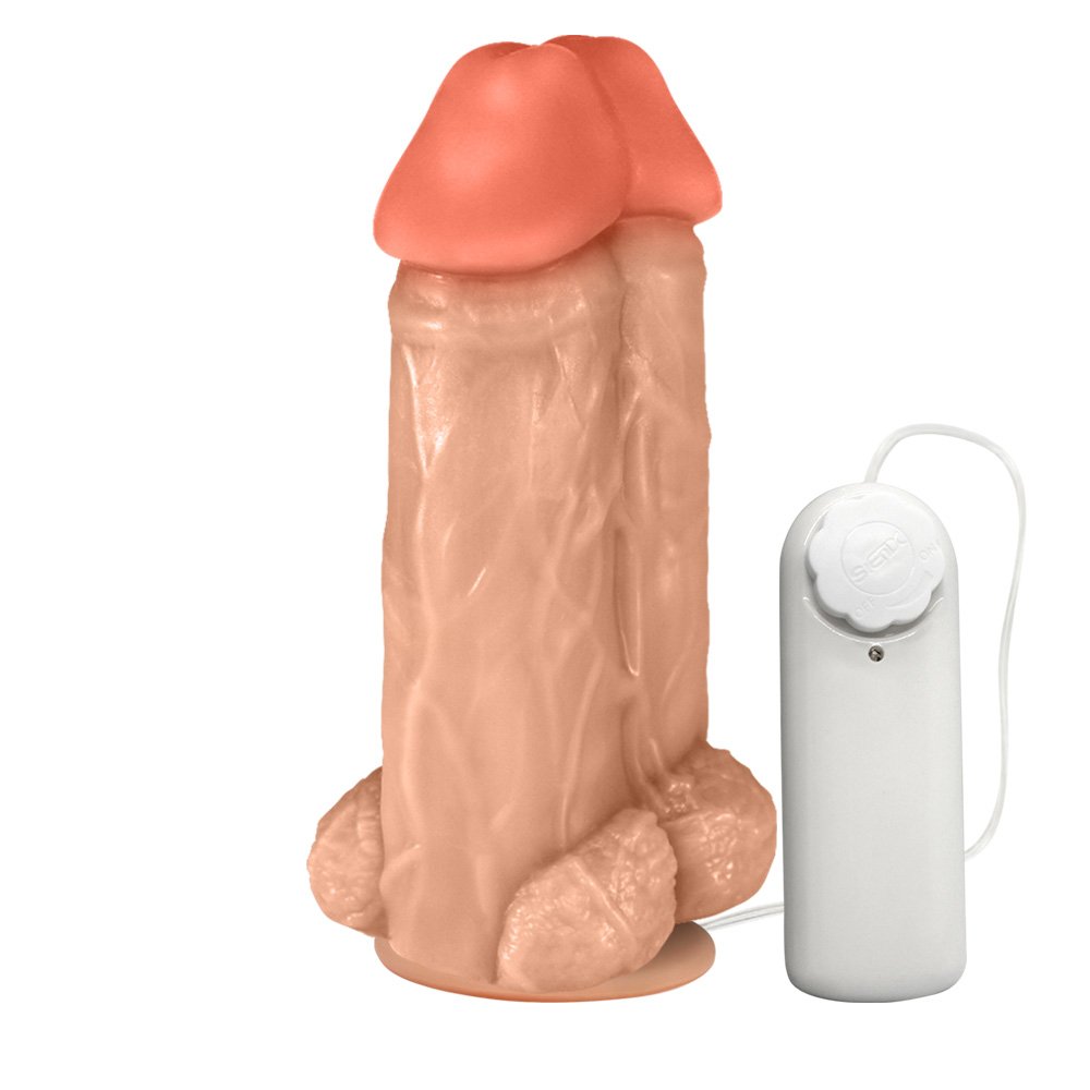 Pênis Realístico Flexível Duplo Super Amigos com Vibrador e Ventosa 18 x 7,5cm Bege | Foto 02