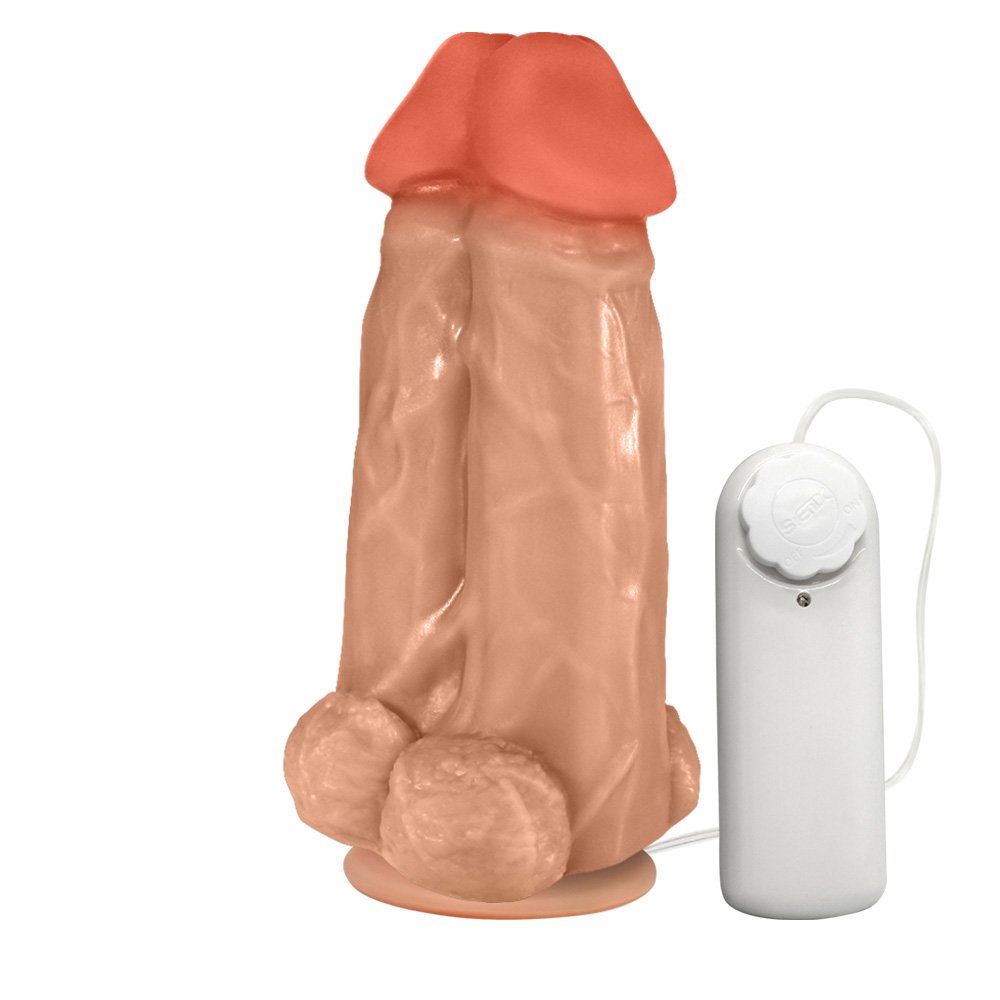 Pênis Realístico Flexível Duplo Super Amigos com Vibrador e Ventosa 18 x 7,5cm Bege | Foto 04