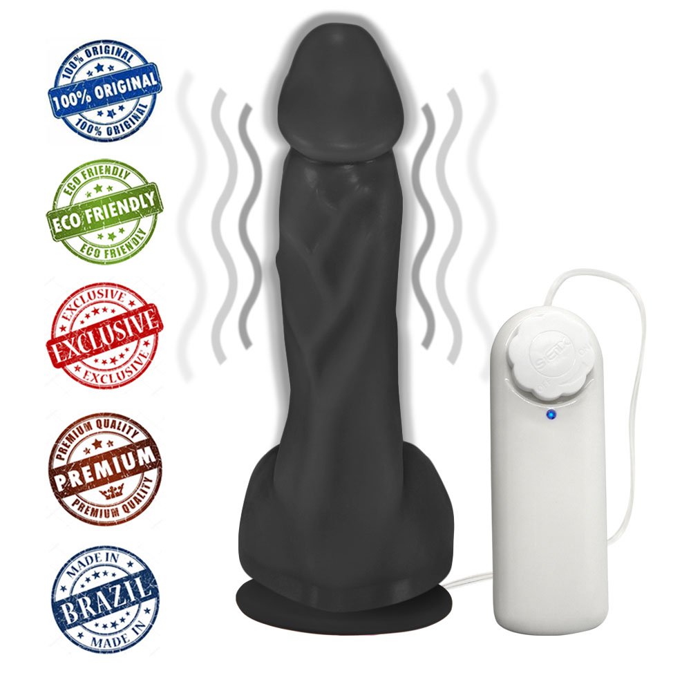 Pênis Realístico em PVC Flexível Heart com Vibrador e Ventosa 19,5 x 4,5cm Preto | Foto 05