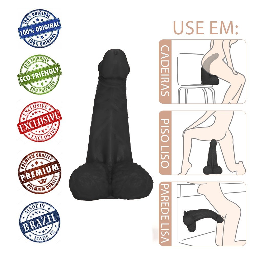 P�nis Gigante e Grosso Flex�vel com Escroto e Ventosa Profundo 36 x 10cm Preto | Foto 05