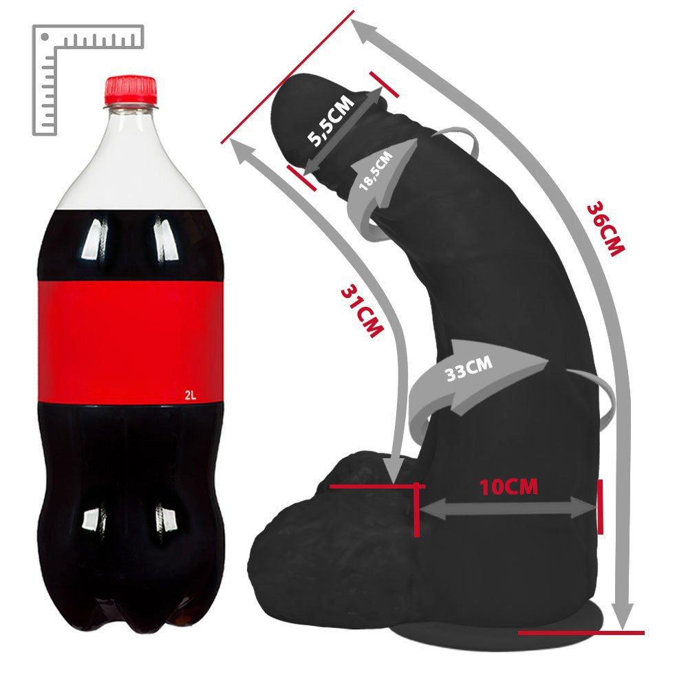 P�nis Gigante e Grosso Flex�vel com Escroto e Ventosa Profundo 36 x 10cm Preto | Foto 06