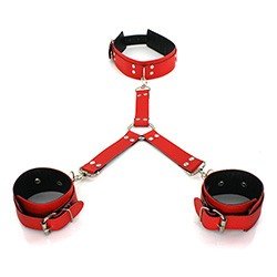 Kit Bondage 2: Algema e Coleira em "T" com Mosquetão em Couro Sintético Vermelho
