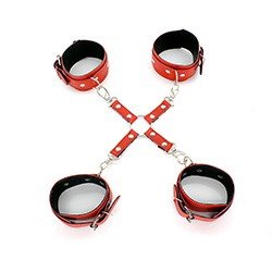 Kit Bondage 2: Algema e Tornozeleira em "X" com Mosquetão em Couro Sintético Vermelho